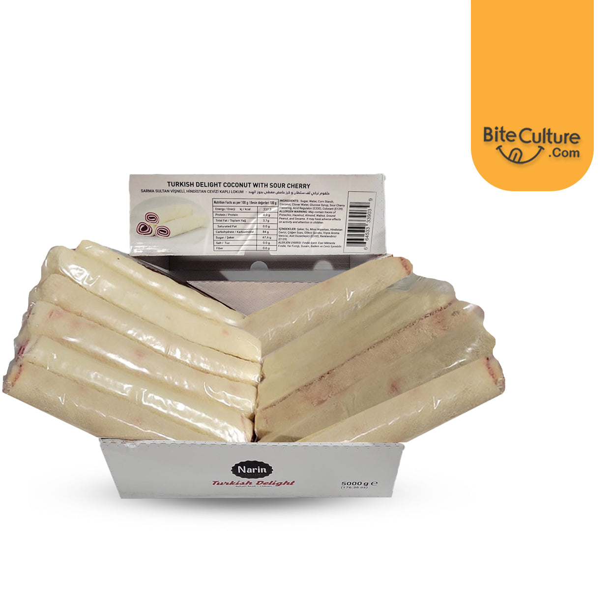 Narin-Turkish Delight Coconut with Sour Cherry- Big Rolls Baslogh 5 Kg 176.36 oz